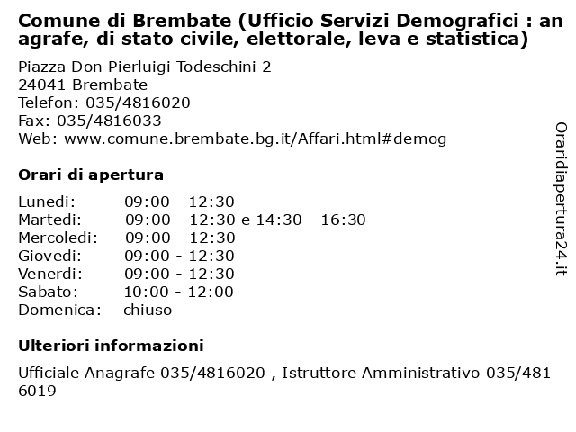 ᐅ Orari di apertura Comune di Brembate Ufficio Servizi Demografici